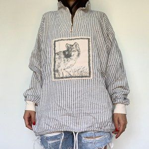 Vintage Wolf Patch Striped Quarter Zip Pullover